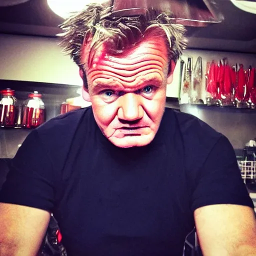 Prompt: gordon ramsey angry, selfie, phone camera, famous chef gordon ramsey, red face, mad, realistic photography