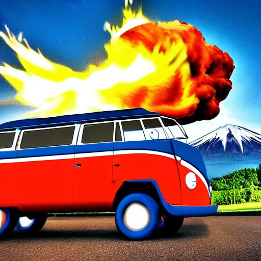 Image similar to a caricature drawing of a vw volkswagen bus, camper, bulli, type - 2, microbus, kombi, flying towards the camera, jumping at the viewer, dynamic action shot, fish - eye lense, frontal, a vulcano is erupting in the background