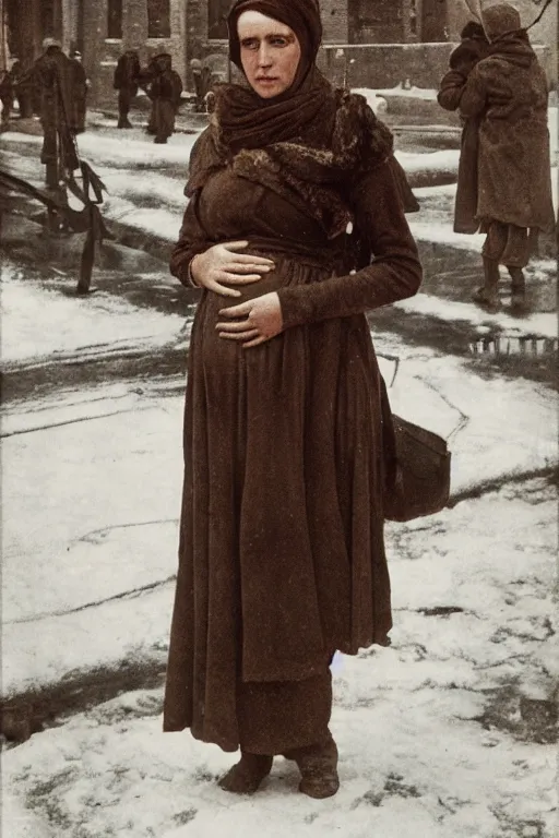 Image similar to full-length portrait of a pregnant woman on the street of besieged Leningrad, historically reliable photo chronicle, winter 1941, ultra detailed digital art, octane render, 4K, dystopian, by john william waterhouse and Edwin Longsden Long and Theodore Ralli and Nasreddine Dinet