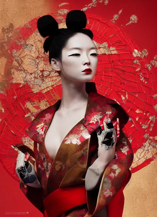 Image similar to portrait of a stylish futuristic geisha cyborg, with a red kimono with japanese golden signs written on it, kintsugi, modern fine art, fractal, intricate, elegant, highly detailed, digital photography, subsurface scattering, in the style of ghost, by jheronimus bosch and yue minjun and greg rutkowski,