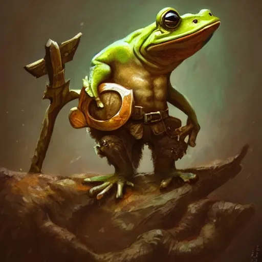 Prompt: a depressed anthropomorhpic frog, cute, little, weilding an axe, dnd character art portrait, matte fantasy painting, deviantart artstation, by jason felix by steve argyle by tyler jacobson by peter mohrbacher by paul hedley, cinema