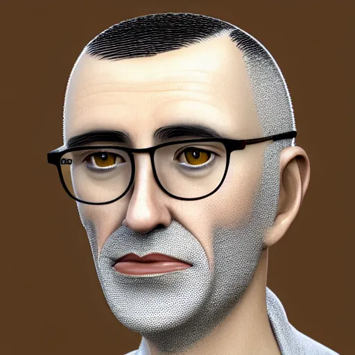 Prompt: 50 year old greying brunette man with very short hair, buzz cut, round face, square face, round jaw, wide chin , romanian, silver silver glasses, romanian heritage, brown eyes, brown eyes, olive skin, round nose, round chin, clean shaven wide face, thin lips, digital art, top, detailed , 8k, trending on artstation