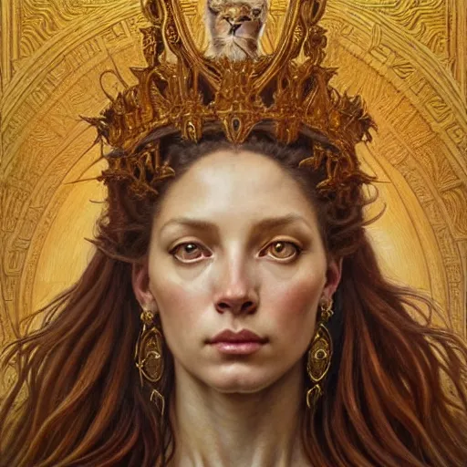 Image similar to highly detailed portrait of a majestic lioness queen in the form of a beautiful woman. d & d, art by donato giancola and evelyn de morgan and eugene delacroix and ruan jia and carl larsson. trending on artstation, intricate details, energetic composition, golden ratio, concept art, illustration, elegant art, global illuminaition