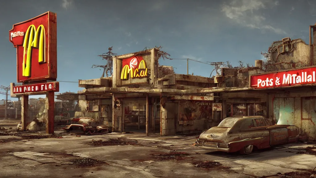 Image similar to post apocalyptic McDonald's, fallout, octane render, 4k