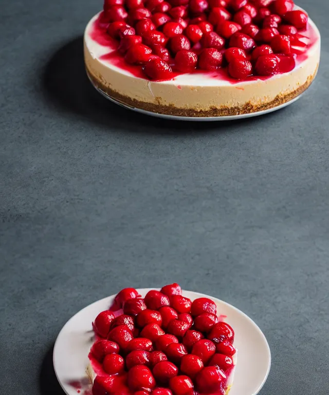 Image similar to high quality presentation photo of stawberry and cherry cheesecake, photography 4k f1.8 anamorphic bokeh 4k Canon Nikon