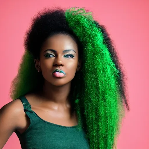 Image similar to a realistic model photoshoot of a black girl with green afro hair, beautiful, model, professional picture, realistic, 4 k, bright light, portrait