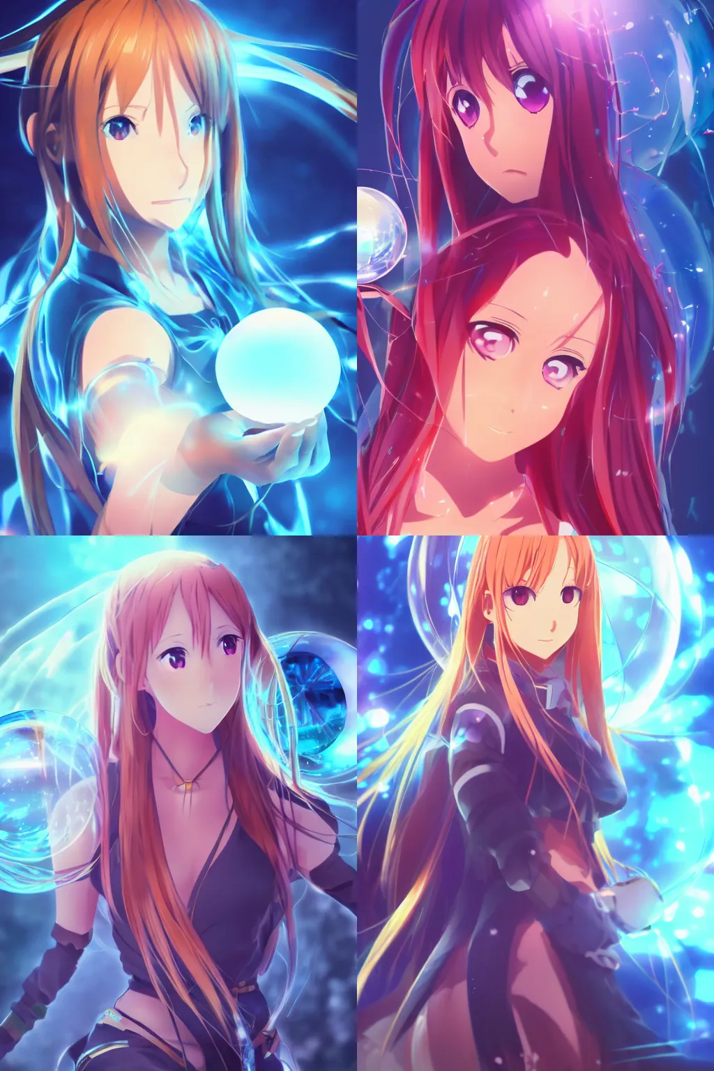 Prompt: beautiful portrait of anime girl Asuna from Sword Art Online holding transparent crystal ball, smooth concept art, rich cyberpunk colors, moody volumetric lighting, 4K