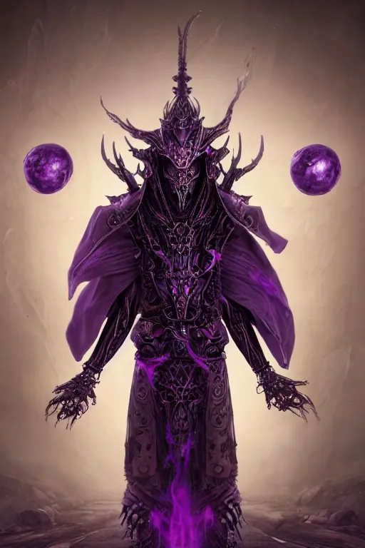 Prompt: high intricate game character and environment design, ( ( biomechanical ) ) archanist covered in otherworldly dreamy purple magic holding dark magic spheres, tattered!!! robe and hood, stone pathway, aetherpunk, scary, arrogant, hostile, unreal engine, octane render, 5 0 0 px, 8 k, wide angle