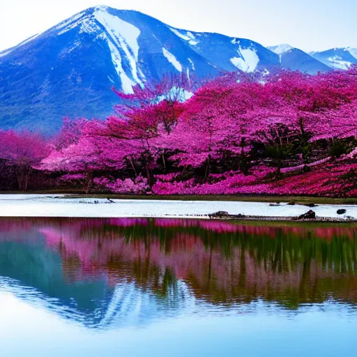 Prompt: forest and lakes with Sakura flowers with snow mountains at the background