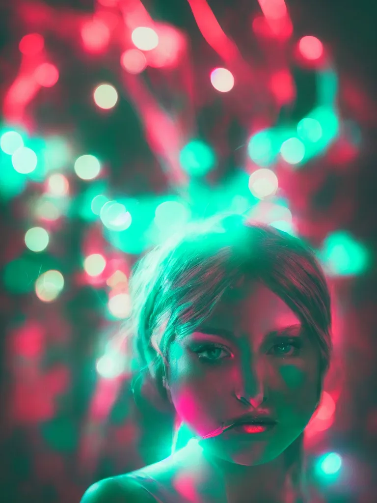 Prompt: photograph of a beautiful woman illuminated by red and green light , night , 85 mm f1.4