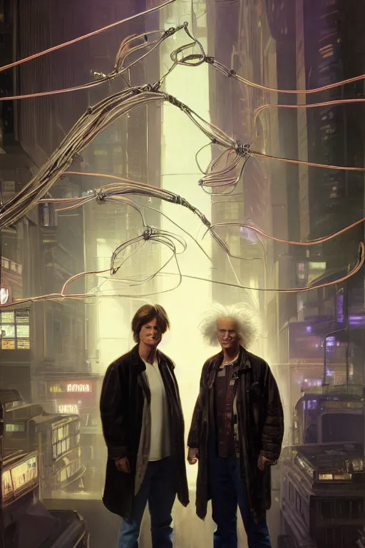 Prompt: hyperrealist portrait of marty mcfly and doc emmett brown, it is decorated with long wires and computer monitors in the cyberpunk office background. by jeremy mann and alphonse mucha, fantasy art, photo realistic, dynamic lighting, artstation, poster, volumetric lighting, very detailed faces, 8 k, award winning