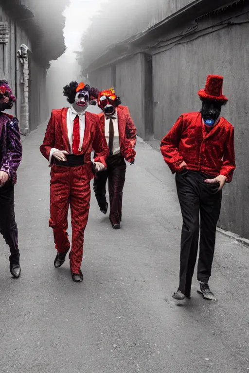 Image similar to a group of men dressed as clowns walking down a dark foggy alley