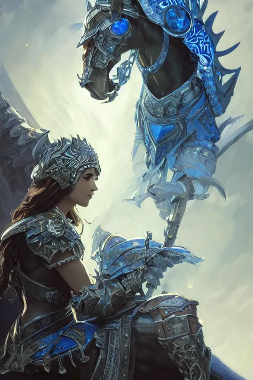 Image similar to Fantasy Paladin with tower shield wearing an intricate azure wolf themed full plated armor, moonlit, HD, illustration, epic, D&D, fantasy, intricate, elegant, highly detailed, digital painting, artstation, concept art, smooth, sharp focus, illustration, art by artgerm and greg rutkowski and alphonse mucha