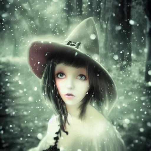 Image similar to focus face portrait of beautiful darkness witch 3D anime girl, dark forest background, snowing, bokeh, inspired by Tim Burton, Giger, digital painting, high contrast, unreal engine render, volumetric light, high détail
