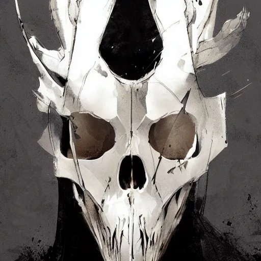 Prompt: portrait of a character wearing a black cloak, with a white mask in the shape of a deer skull, the mask covers her entire face, there are no antlers, dramatic lighting, illustration by Greg rutkowski, yoji shinkawa, 4k, digital art, concept art, trending on artstation