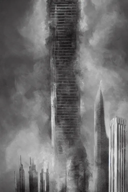 Prompt: a stark depiction of burning skyscrapers and smoke, featured on artstation