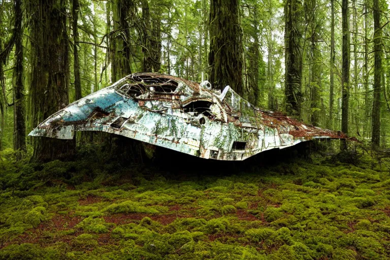 Image similar to derelict spaceship in a Forrest, hyper detailed, overgrown with moss, rusty metal, wildlife, daytime