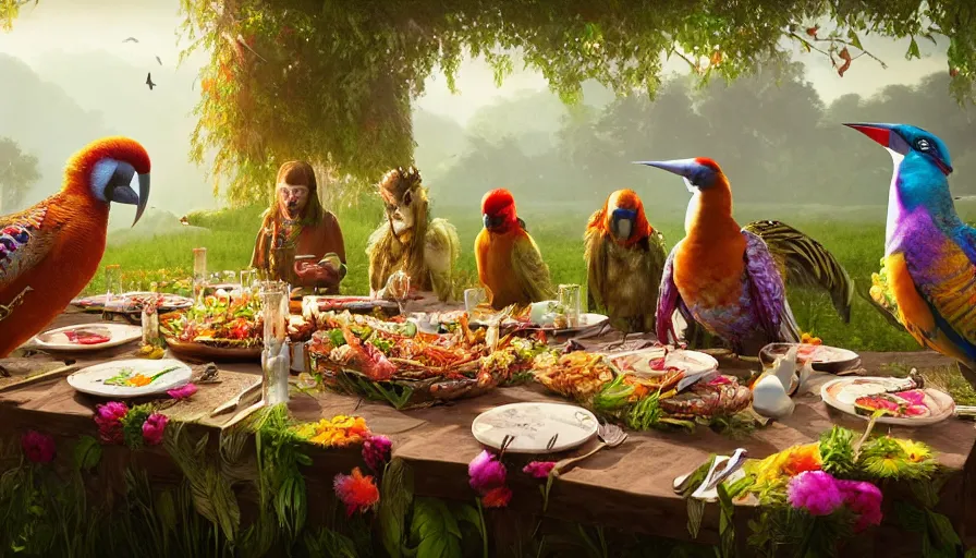 Image similar to a table dinner of exotic birds where birds are dressed like the characters from the midsommar movie wearing flowers, realistic detailed digital art by maxwell boas jessica rossier christian dimitrov anton fadeev trending on artstation cgsociety rendered in unreal engine 4 k hq