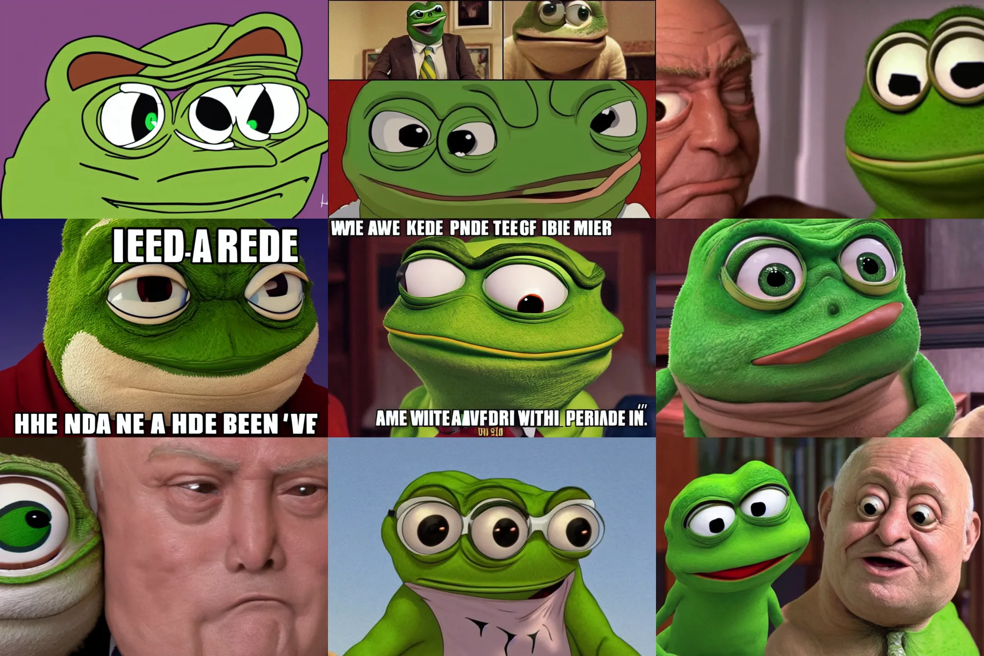 Prompt: Pepe the Frog played by Hide The Pain Harold (András Arató), movie, meme, 8k