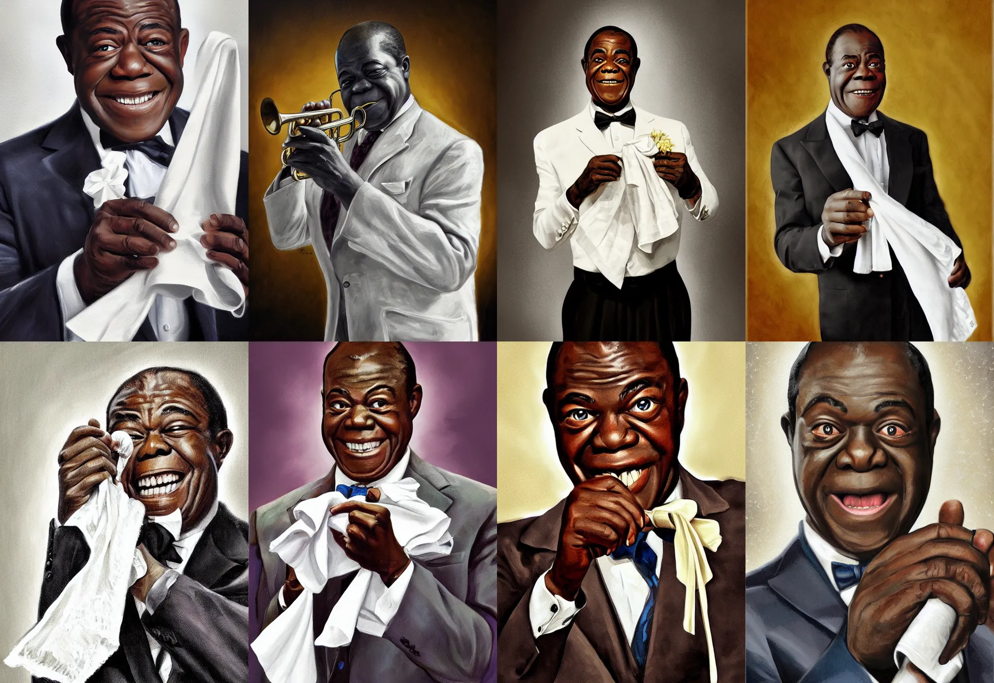 Prompt: a portrait of louis armstrong holding a white handkerchief, by jamie coreth, dramatic lighting, highly detailed digital painting