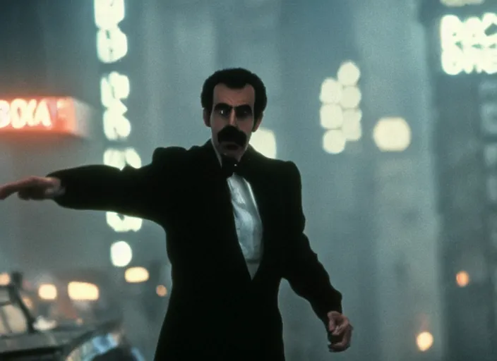 Prompt: film still, borat in blade runner, 8 k