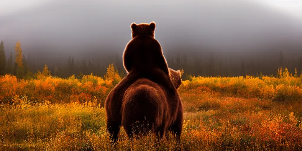 Image similar to back of bob ross riding on the back of brown bear in alaska at fall season, outdoor lighting, realistic, photo, national geographic photo, volumetric, fog