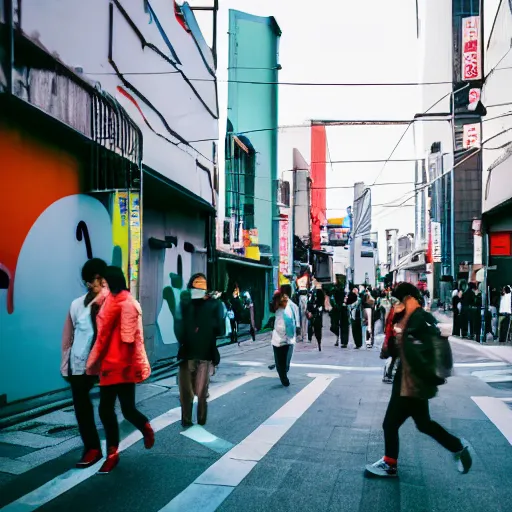 Image similar to people walking down futuristic Japanese street with graffiti and neon signs in the background