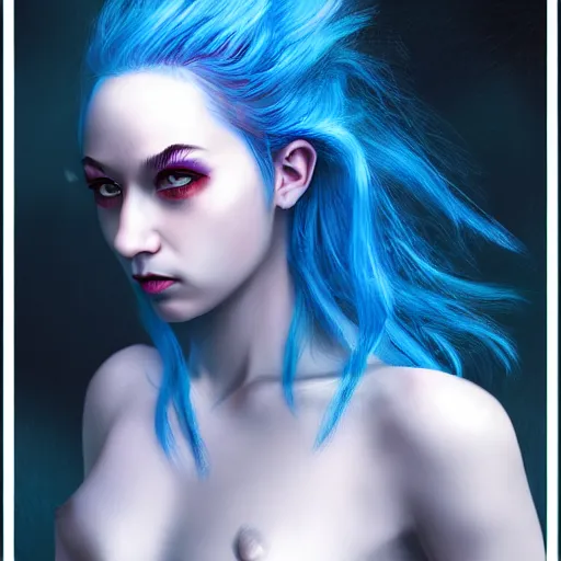 Image similar to The dragon girl portrait, portrait of young girl half dragon half human, dragon girl, dragon skin, dragon eyes, dragon crown, blue hair, long hair, highly detailed, cinematic lighting, Matte painting by David Lynch