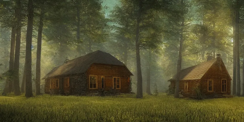 Prompt: a single cottage in the woods and empty woods, 8k, fantasy, realistic, atmospheric lighting