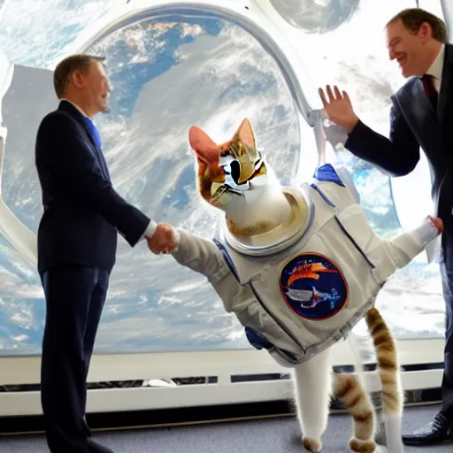 Image similar to cat astronaut shakes the hands with president