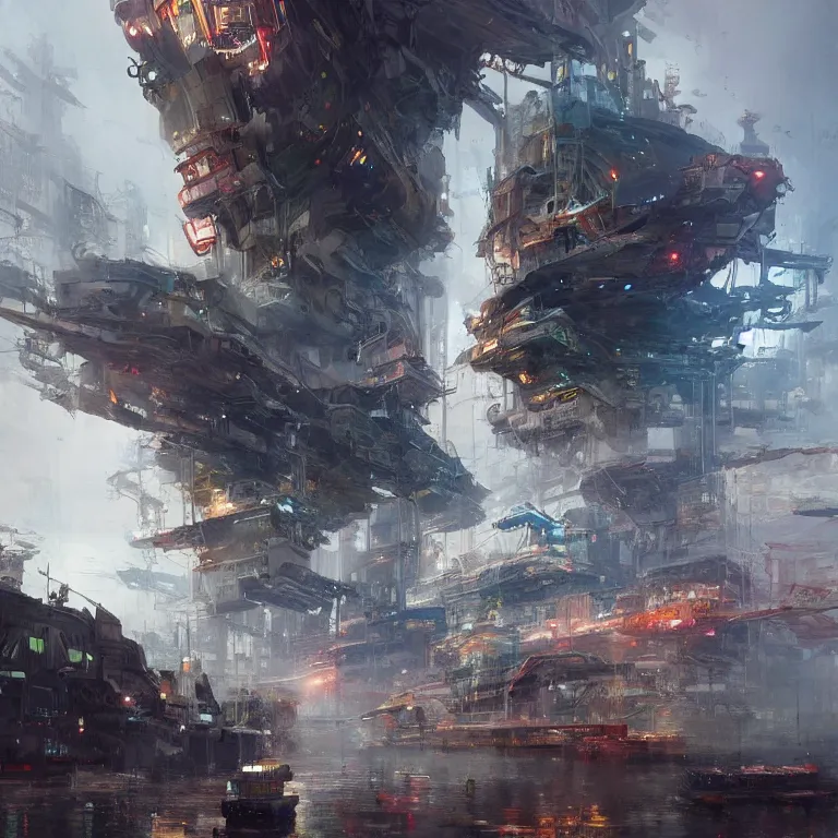 Image similar to a sprawling science fiction city harbour, painted by ruan jia and mandy jurgens and artgerm and william - adolphe bouguerea