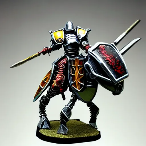 Image similar to A cyber knight riding on a giant beetle, highly detailed, fantasy, painted wargaming miniature, product photo studio lighting