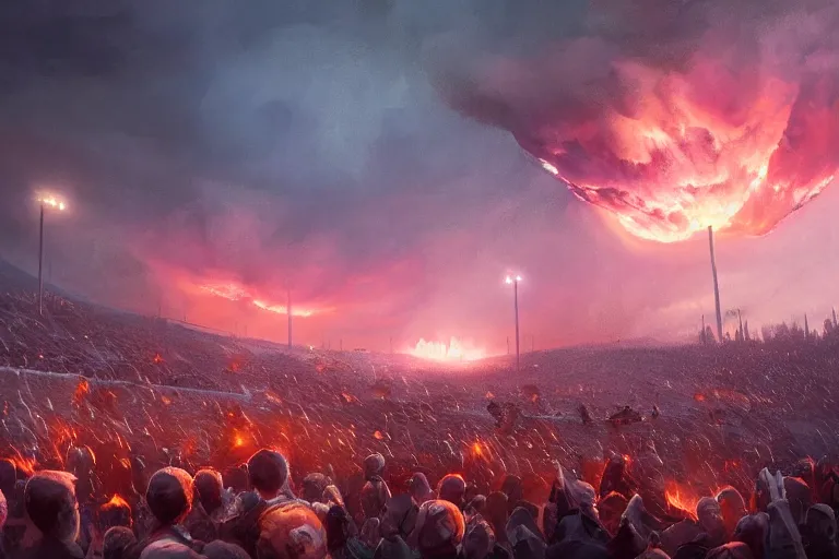 Image similar to meteors fall from the red sky upon a burning football stadium, crowds panic, cinematic lighting by jessica rossier