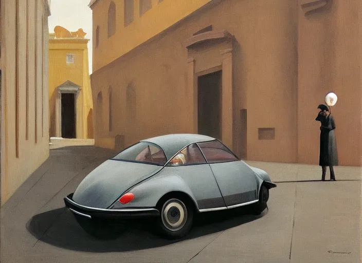 Prompt: A beauty woman with a black balloon stands at Citroën DS 19 in Rome , highly detailed, soft lighting, elegant, by Edward Hopper and James Gilleard, Zdzislaw Beksinski, Steven Outram, highly detailed