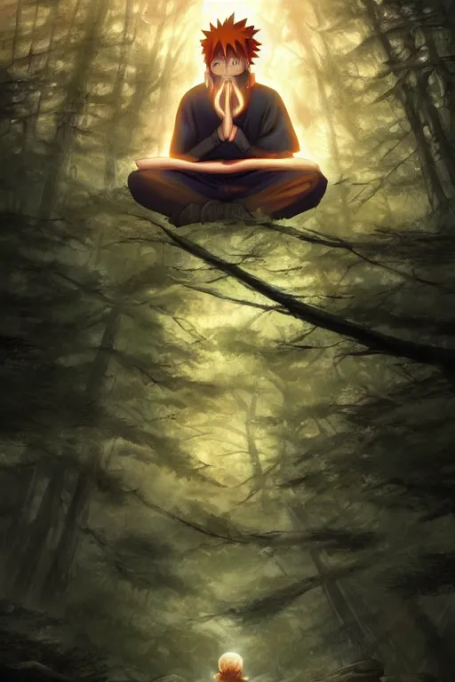 Image similar to photorealistic dark fantasy concept art of Naruto meditating in a forest, dynamic lighting, stunning visuals, realism, cinematic, hyper detailed, ultra detailed, beautiful visuals and sunset