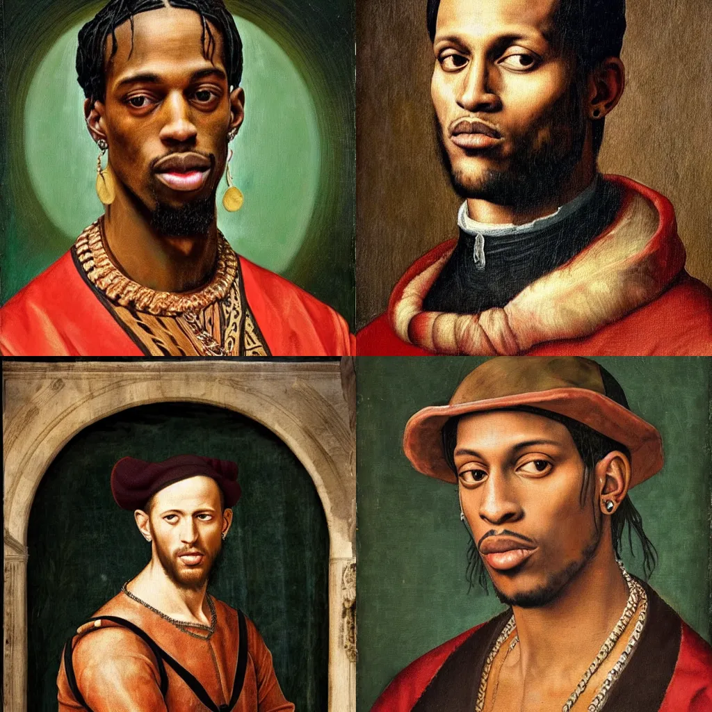 Prompt: A Renaissance portrait painting of Travis Scott