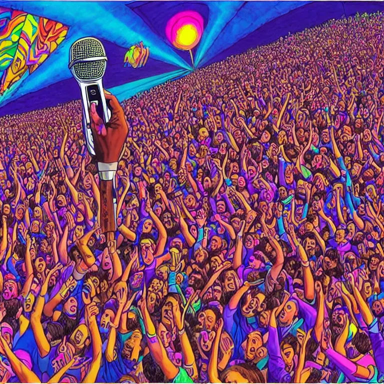 Image similar to rapping on stage at festival, holding microphone, giant crowd, epic angle, profile view, psychedelic hip hop, illustrated by Alex Grey