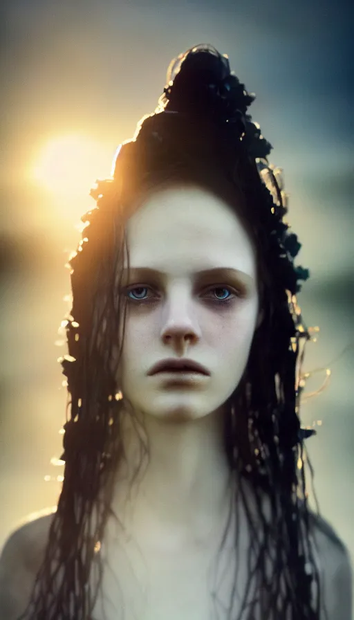 Image similar to photographic portrait of a stunningly beautiful soulful vulnerable sad emotional gothic female in soft dreamy light at sunset, contemporary fashion shoot, by edward robert hughes, annie leibovitz and steve mccurry, david lazar, jimmy nelsson, breathtaking, 8 k resolution, extremely detailed, beautiful, establishing shot, artistic, hyperrealistic, beautiful face, octane render