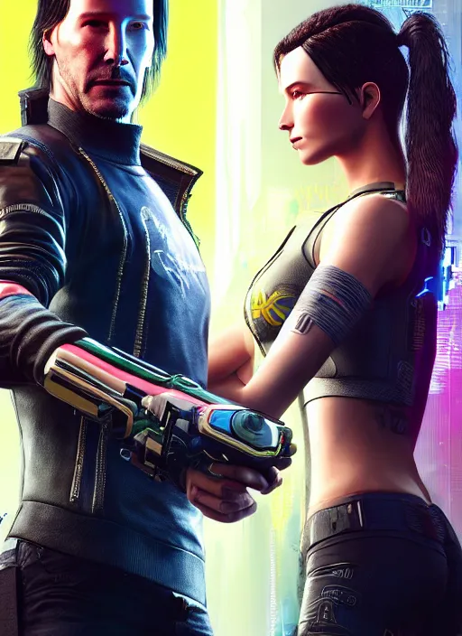 Image similar to a highly detailed photorealistic cyberpunk 2077 couple portrait of a Keanu Reeves as johnny silverhand and a female android with lots of electric cable behind them connected to giant computer,couple pose,love,fantasy, intricate, elegant,by Alex Horley and Greg Rutkowski,artstation,deviantart,FAN ART,Unreal Engine,Digital painting,face enhance,8K,golden ratio,cinematic lighting