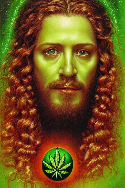 Prompt: hyper realistic portrait painting of jesus christ ( intricate detail, hot neon green ornaments, marijuana ) wet, marijuana buds, by saturno butto, boris vallejo, austin osman spare and david kassan, by bussiere. occult art, occult diagram, red and green color scheme.