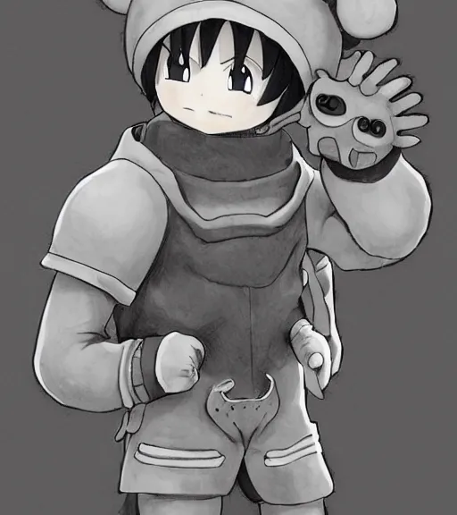 Image similar to attractive little boy wearing an cyborg bear suit, artwork in kentaro miura and made in abyss and inazuma eleven, smooth, beautiful lightness, anatomically correct, trending on pixiv, fascist composition, realistic