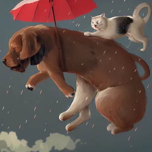 Image similar to giant cats and dogs are falling from the sky like rain, bystanders watching from the sides, 4 k, by miyazaki, monokubo, artstation,