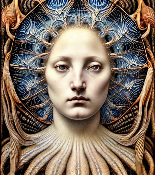 Prompt: detailed realistic beautiful shell goddess face portrait by jean delville, gustave dore, iris van herpen and marco mazzoni, art forms of nature by ernst haeckel, art nouveau, symbolist, visionary, gothic, neo - gothic, pre - raphaelite, fractal lace, intricate alien botanicals, ai biodiversity, surreality, hyperdetailed ultrasharp octane render