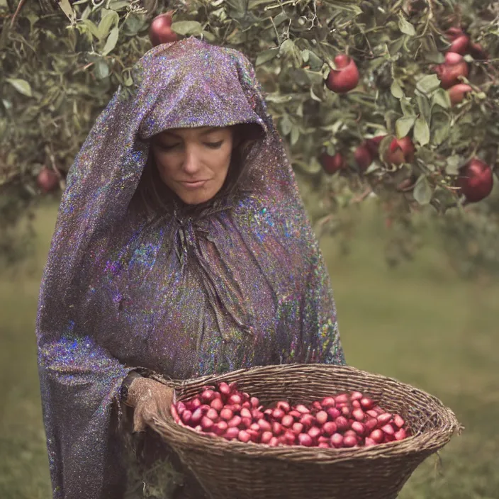 Image similar to a closeup portrait of a woman wearing a cloak made of iridescent twine and ribbon, picking pomegranates from a tree in an orchard, foggy, moody, photograph, by vincent desiderio, canon eos c 3 0 0, ƒ 1. 8, 3 5 mm, 8 k, medium - format print