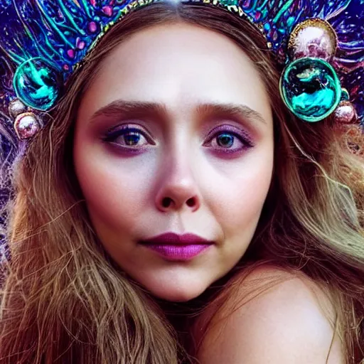 Image similar to “ elizabeth olsen portrait, fantasy, mermaid, hyperrealistic, highly detailed, cinematic lighting, pearls, glowing hair, shells, gills, crown, water, highlights, starfish, goddess, jewelry, realistic, digital art, pastel, magic, fiction, ocean, game, queen, colorful hair, sparkly eyes, fish, romantic, goddess, waves, bubbles ”