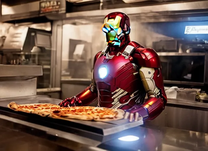 Prompt: film still from new avengers movie ironman wearing ironman suit working in a pizza parlor behind counter making pizza, 4 k