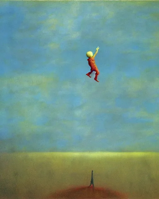Prompt: early color photo of a scared boy flying in sky, Beksinski painting, painted by Adrian Ghenie and Gerhard Richter, 2007