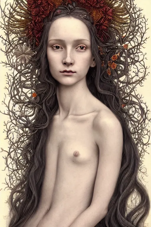 Image similar to portrait of a cottagecore young female wizard in flowing sensual dress, arrogant, long fine flowing hair, delicate, looking at camera, slight nerdy awkward smile, realistic face, stylish, elegant, grimdark fantasy, flowers, extremely detailed painting inspired by Gerald Brom and Ernst Haeckel and Sandro Botticelli, studio lighting