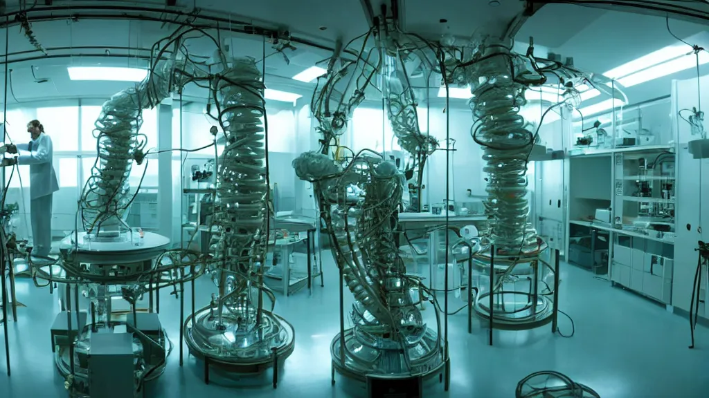 Image similar to a huge octoidal mri machine and control panels in the laboratory inspection room, film still from the movie directed by denis villeneuve with art direction by salvador dali, wide lens