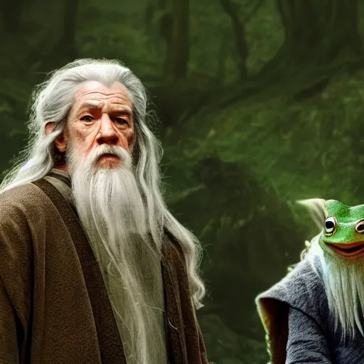 Image similar to gandalf and the hobbits as frogs, cinematic shot, 8 k, film still